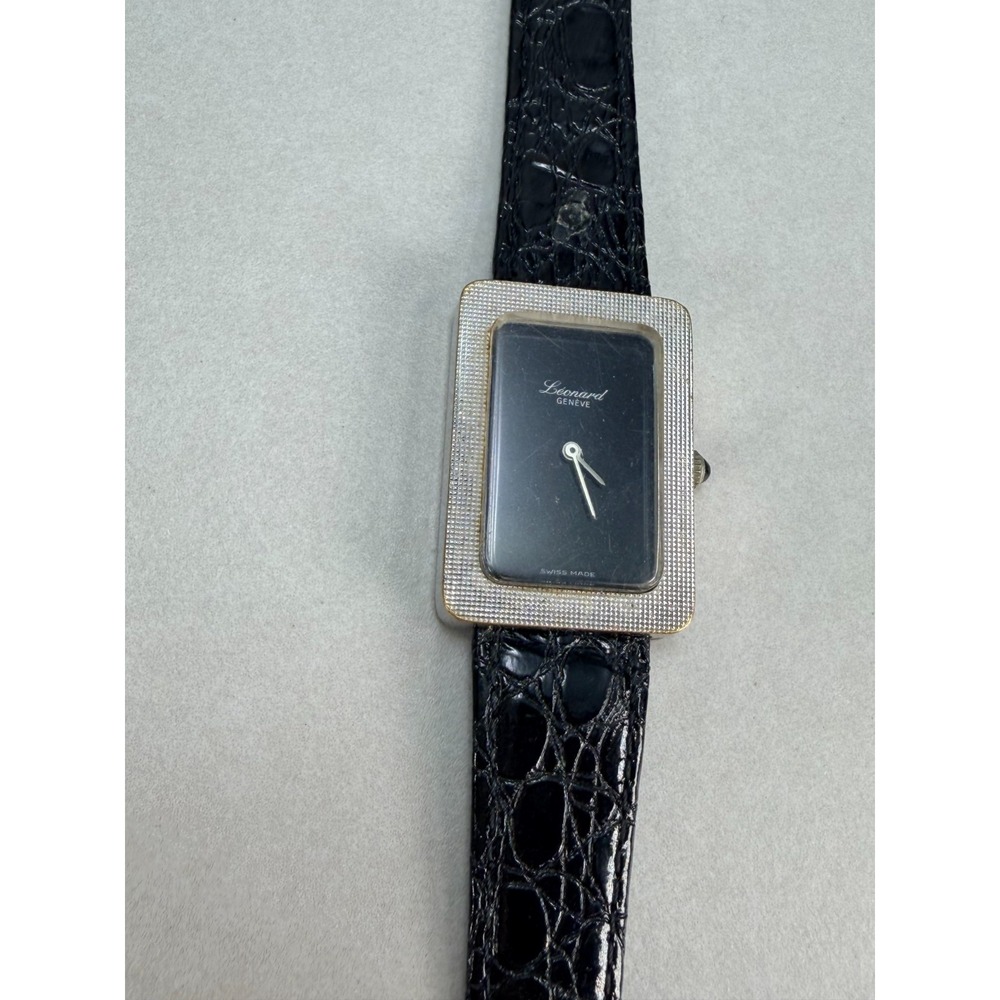 Vintage Leonard Geneve 25mm Quartz Watch 1980s Black Dial Leather Strap Swiss